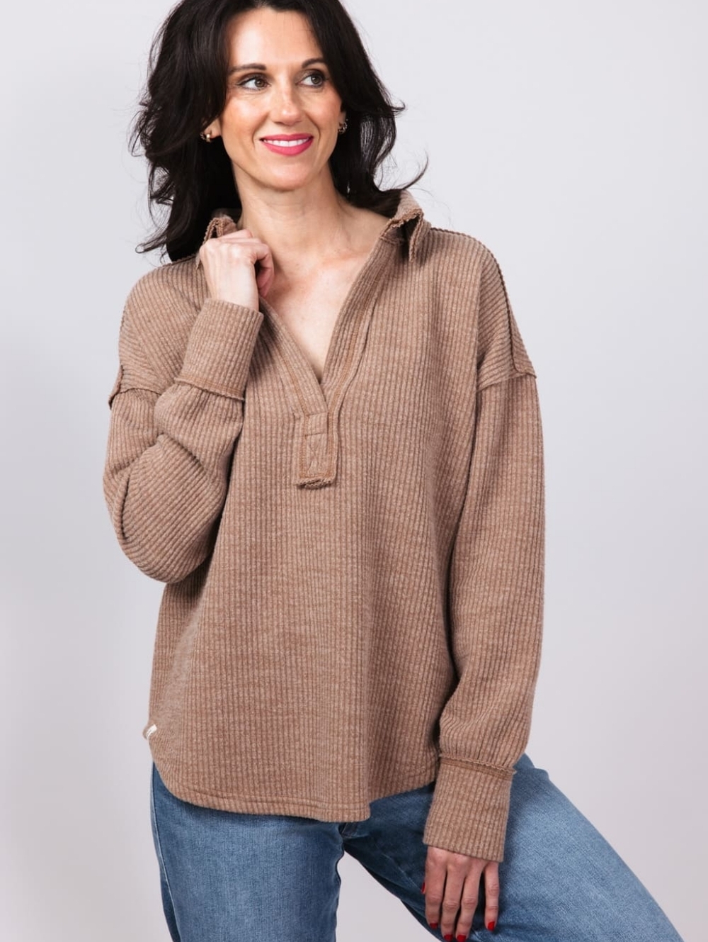 Simply Southern Ribbed V-neck‎ Brown Collared Sweater